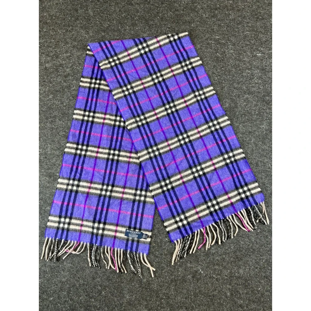 Burberry London Cashmere Scarf Womens Purple Plaid Fringed Neck Wrap Cozy Preppy